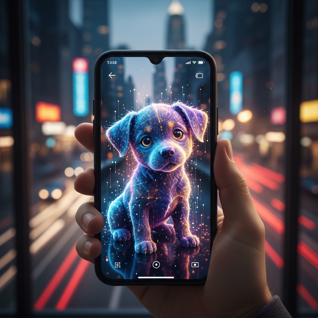 Cyfrowy szczeniak na ekranie telefonu w miejskim świetle, wirtualny pies w nowoczesnym otoczeniu