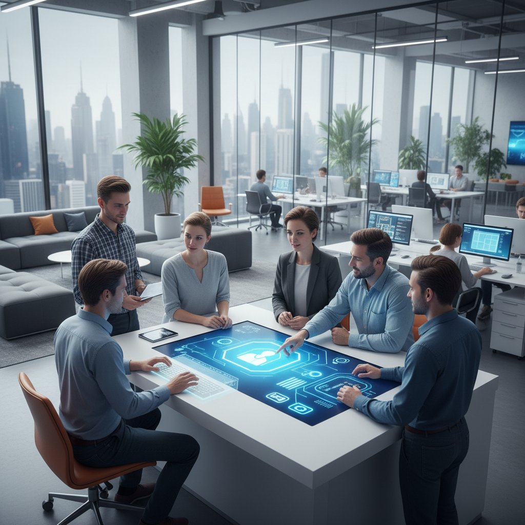 Proces wdrażania recepcji online w firmie, grupa ludzi przy komputerach, nowoczesne biuro