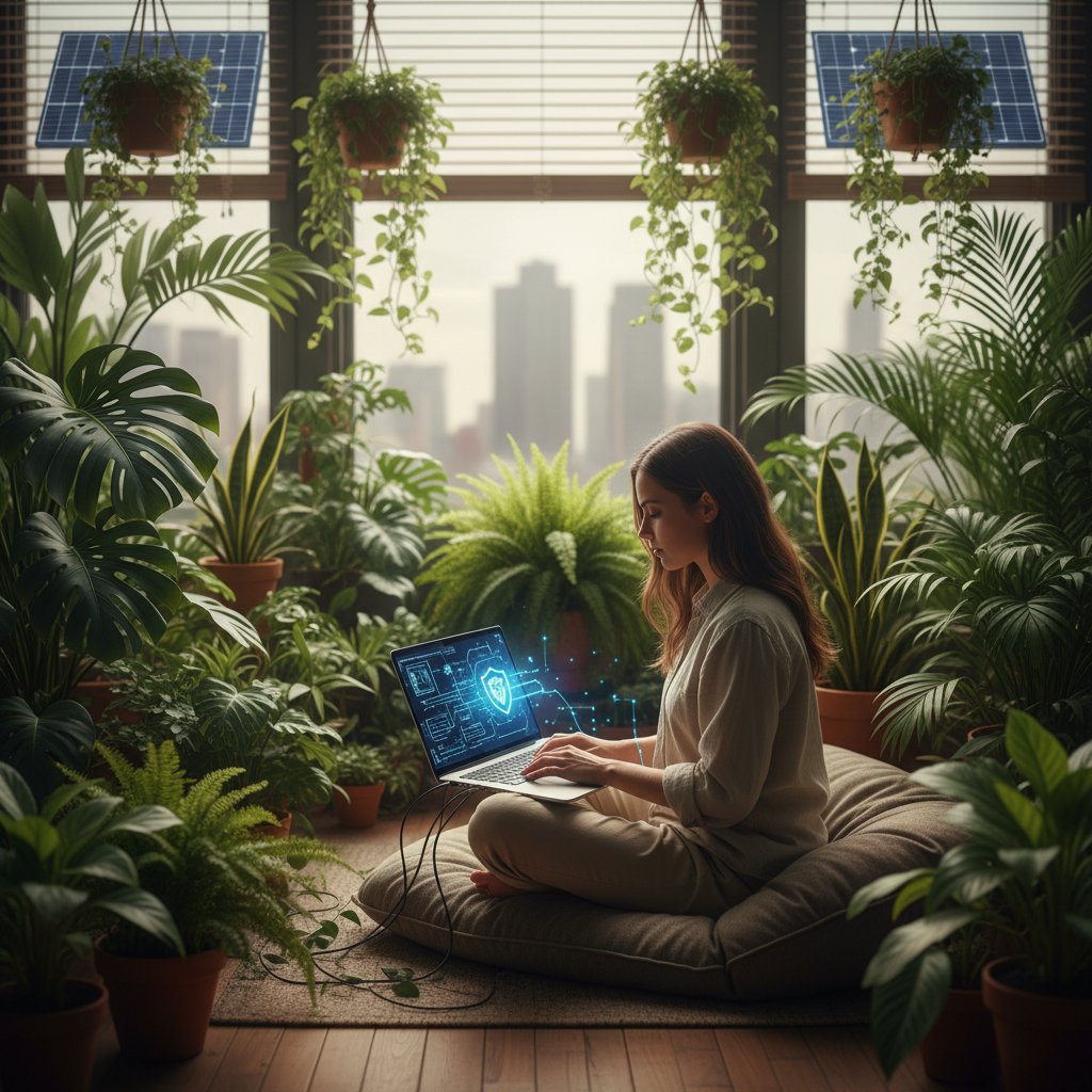 Osoba zadowolona pracująca przy komputerze, otoczona roślinami – odporność cyfrowa w praktyce