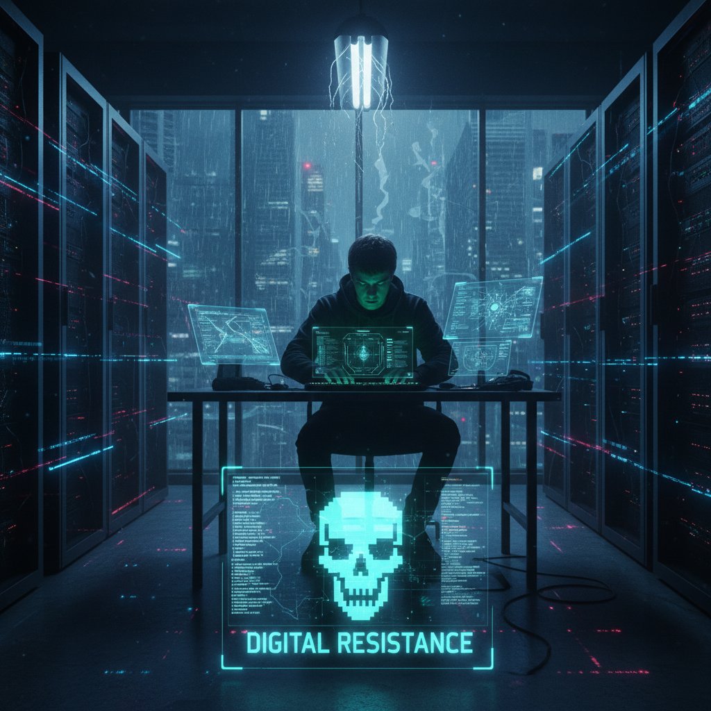 A photo of a lone figure sitting at a glowing computer in a dark room, symbolizing digital resistance movies