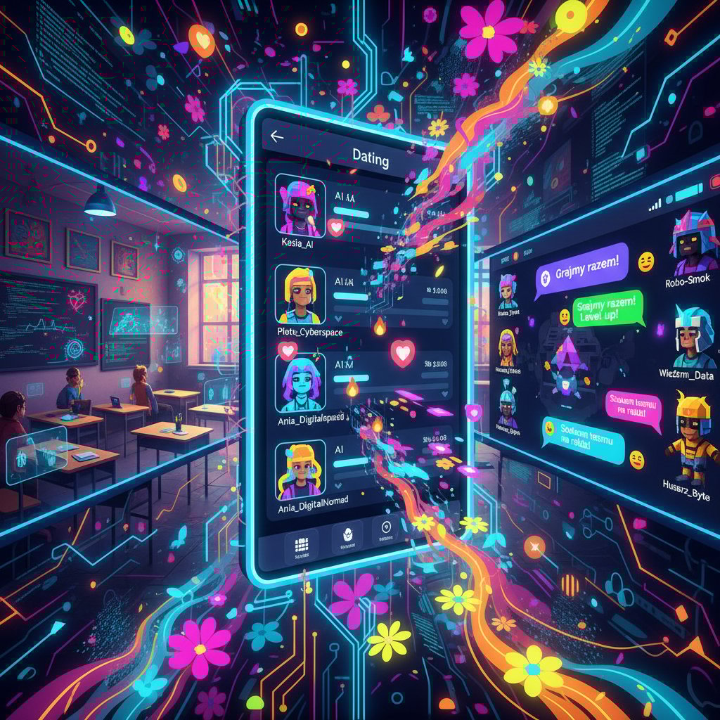 Kolaż cyfrowych scen pokazujących AI w edukacji, randkach i rozrywce