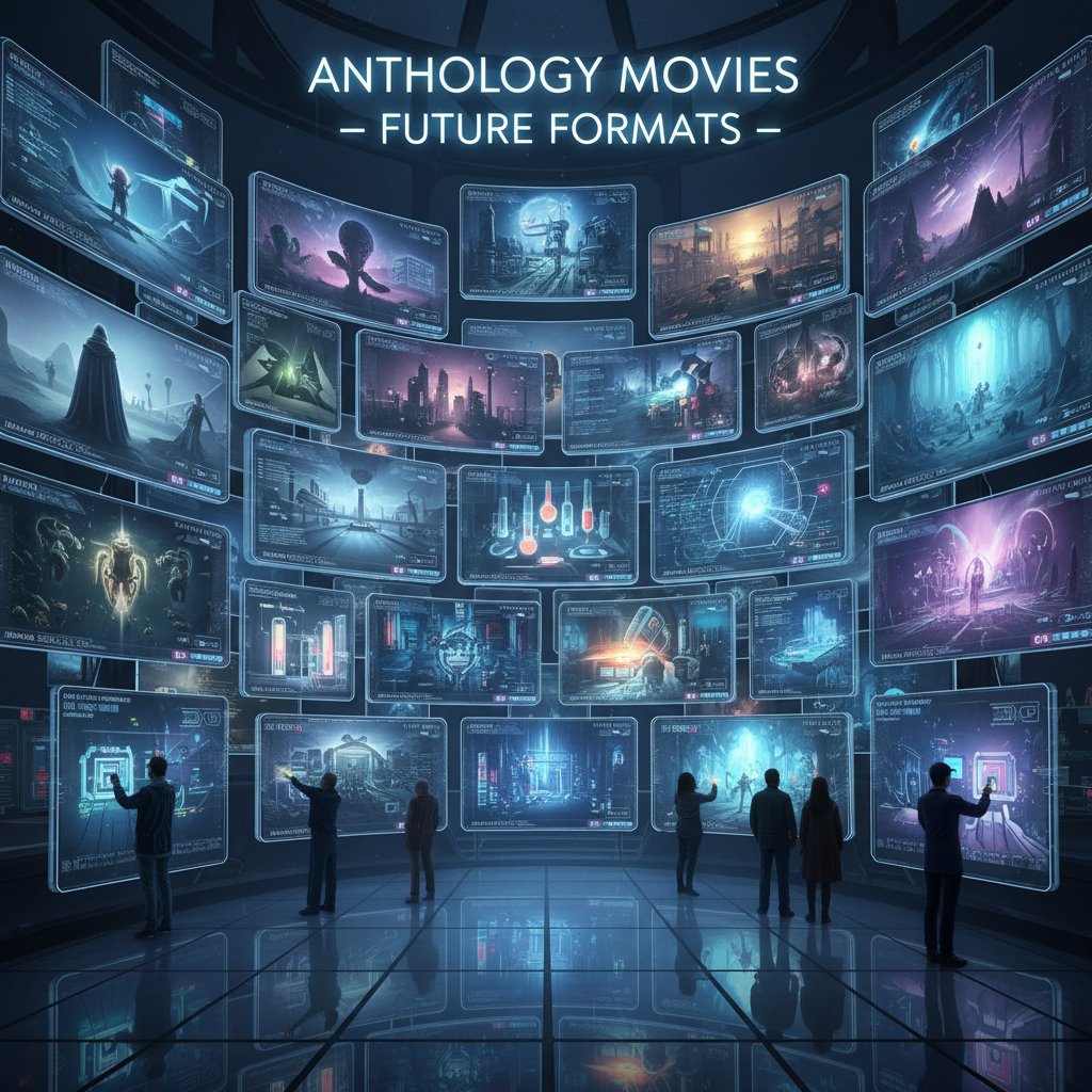 Futuristic photo of multiple digital screens overlapping, symbolizing future anthology movies and converging stories