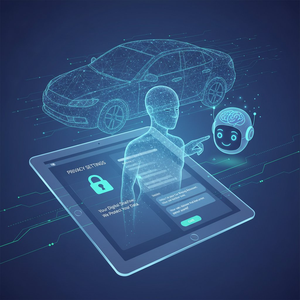 User's digital shadow on a car buying website screen, car buying assistant online privacy