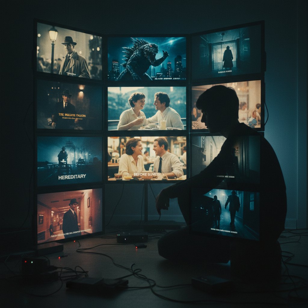 Abstract visualization of the ethical complexity behind AI-driven movie recommendations