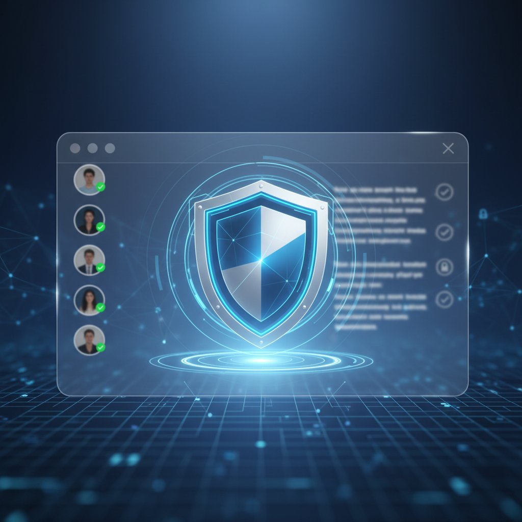 Bezpieczeństwo na czacie bez rejestracji, cyfrowa tarcza nad oknem czatu, nowoczesny interfejs