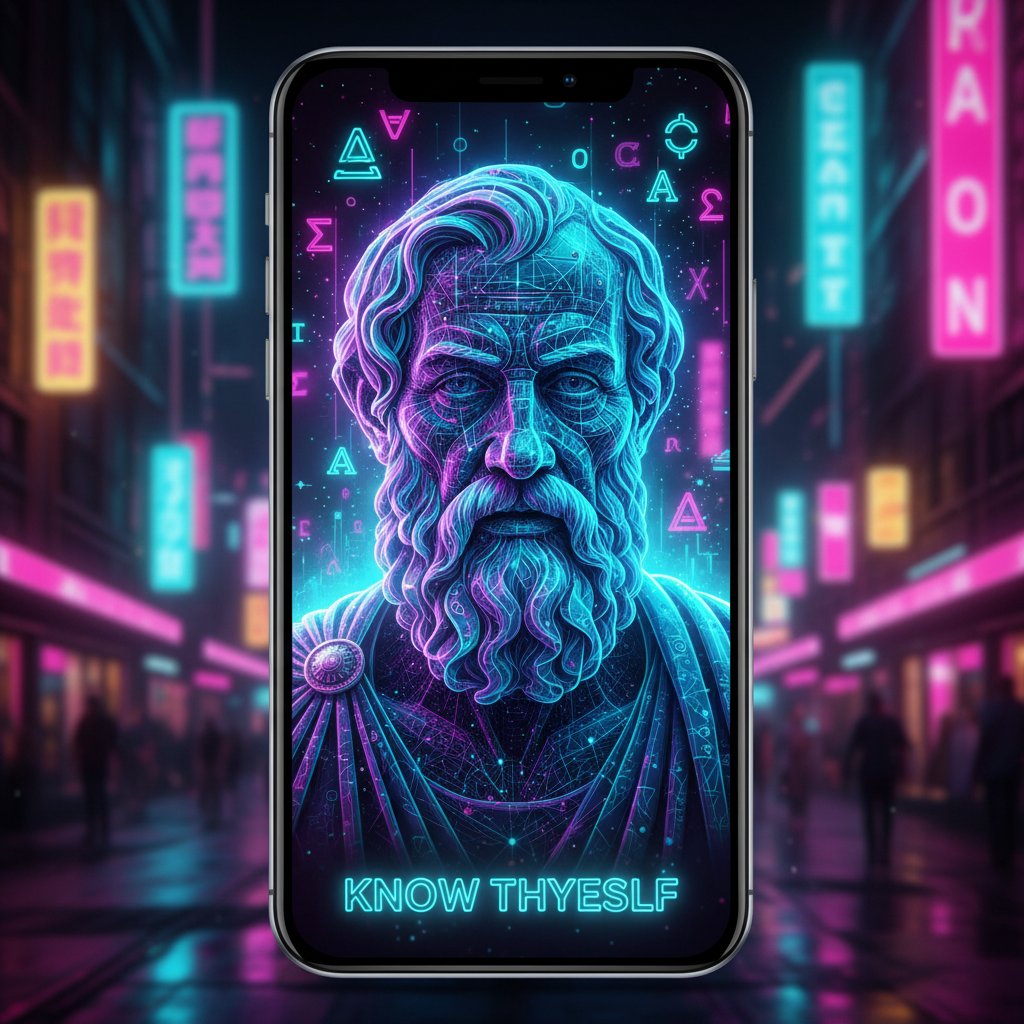 Telefon z cyfrowym Sokratesem na ekranie, neonowe tło – symbol dialogu filozoficznego online