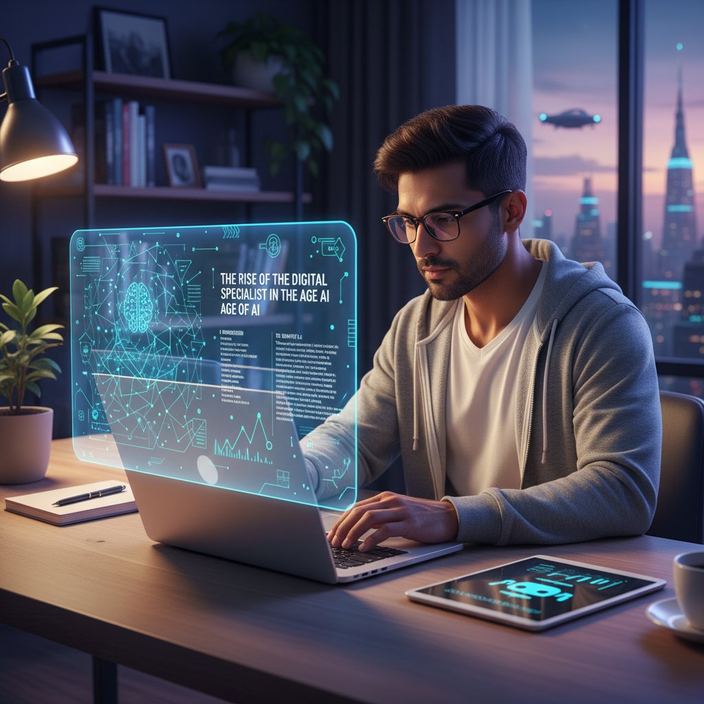 Specjalista digitalowy korzystający z AI do generowania konspektu artykułu