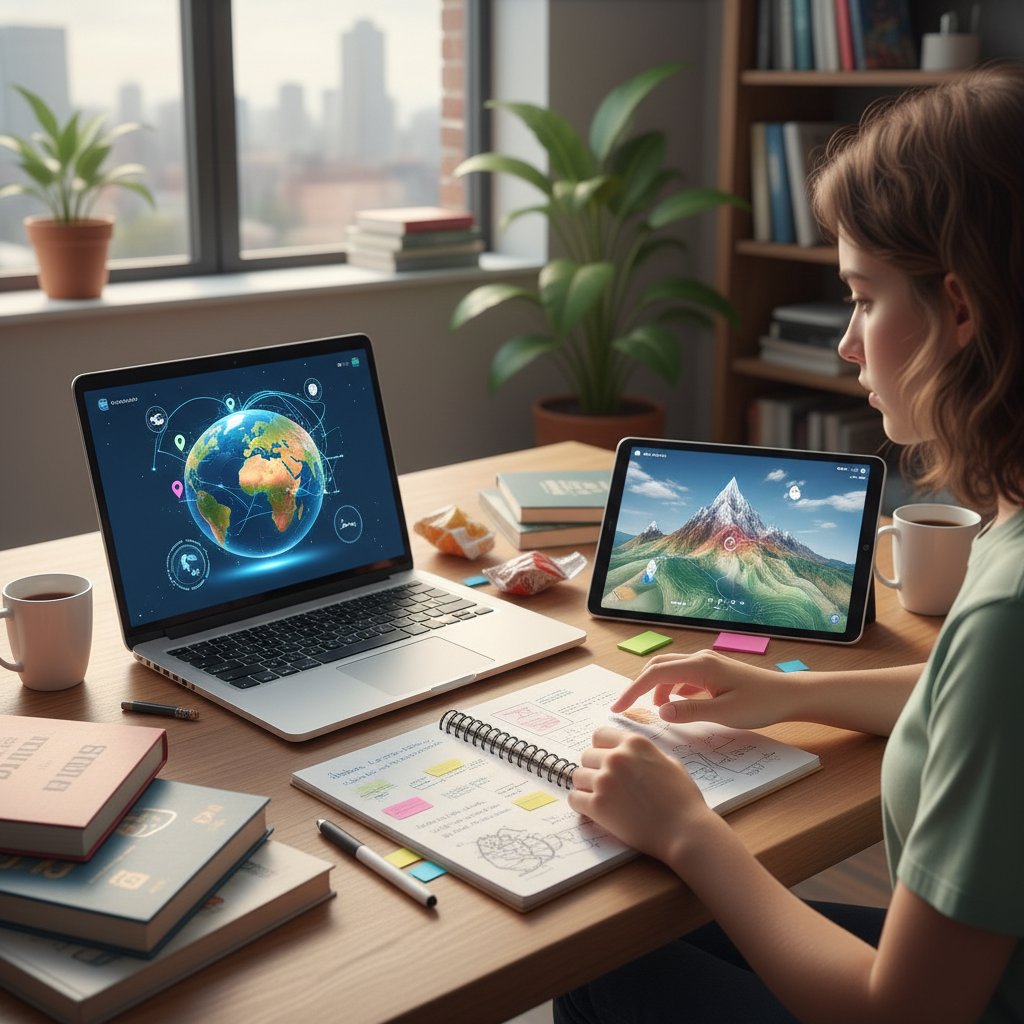 Cyfrowy uczeń podczas nauki geografii online: laptop, notatki, telefon, interaktywna mapa
