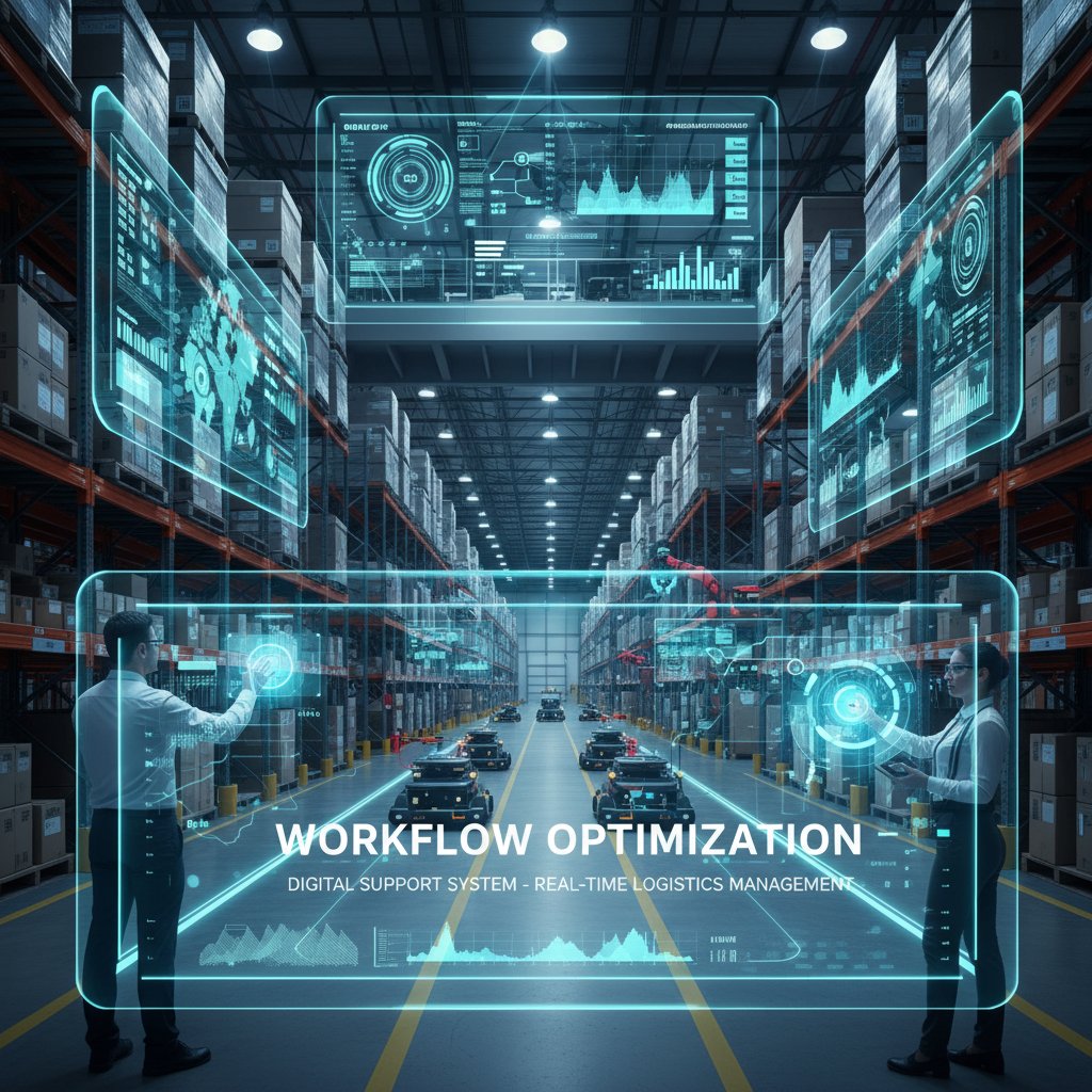 Digital support tools optimizing logistics workflow in an industrial warehouse, photo-realistic scene