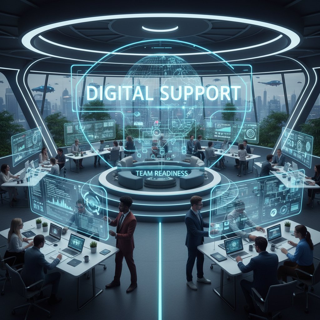 Team assessing digital support readiness in a collaborative workspace, high-contrast photo