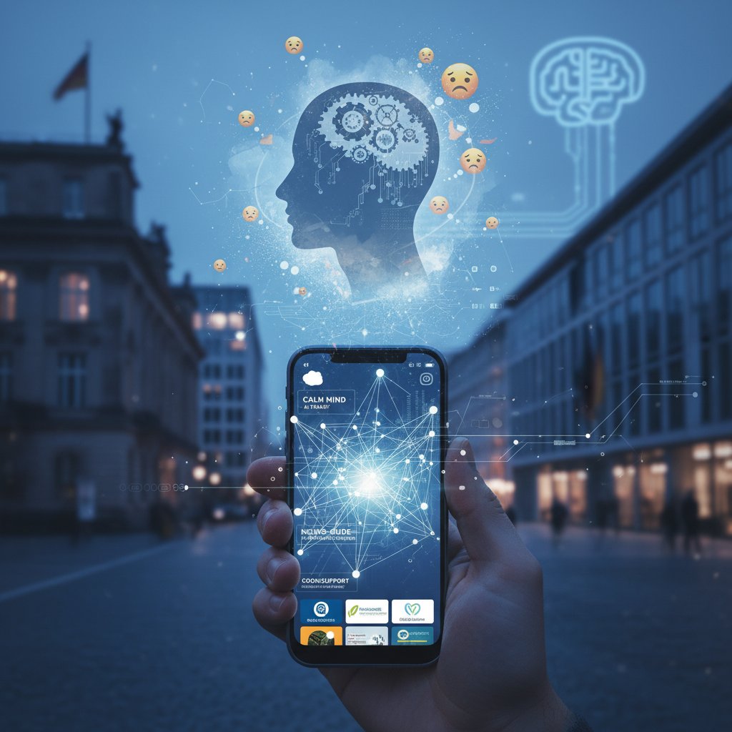 Symbolbild für digitale Überwachung: Mensch betrachtet kritisch ein Smartphone, Schatten von Werbeicons und KI-Symbolen