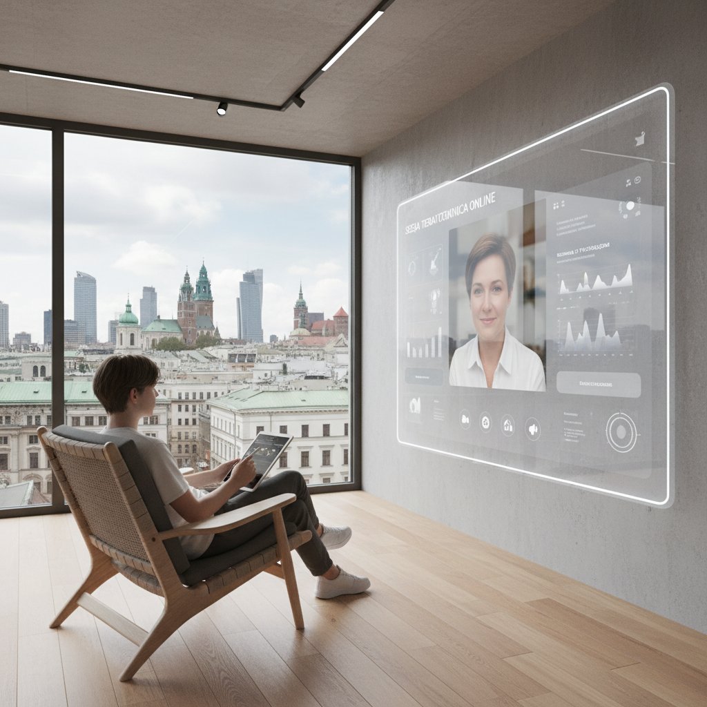 Nowoczesna sesja terapeutyczna online, stylizowana, młoda osoba korzystająca z cyfrowego wsparcia w polskim kontekście