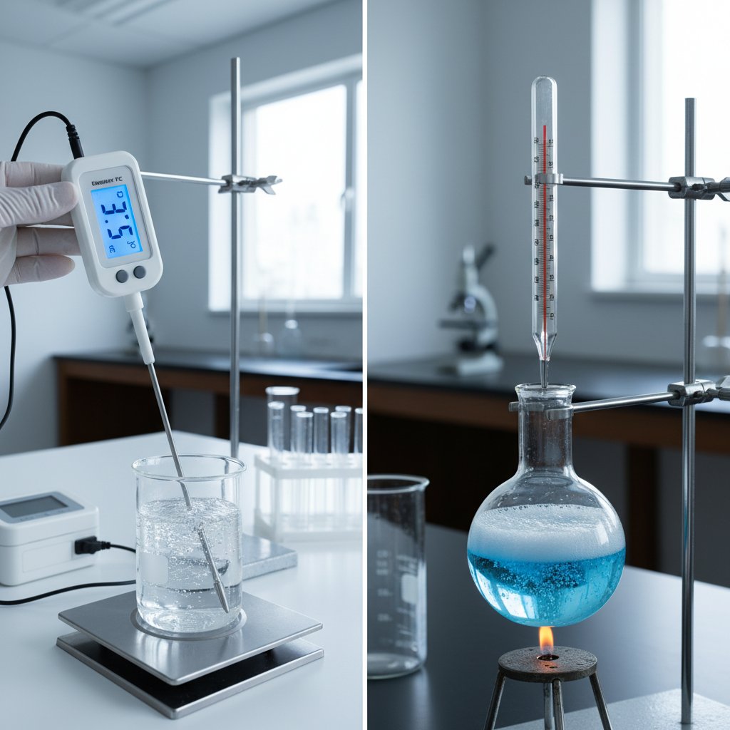 Nowoczesny termometr cyfrowy i klasyczny szklany na tle laboratorium