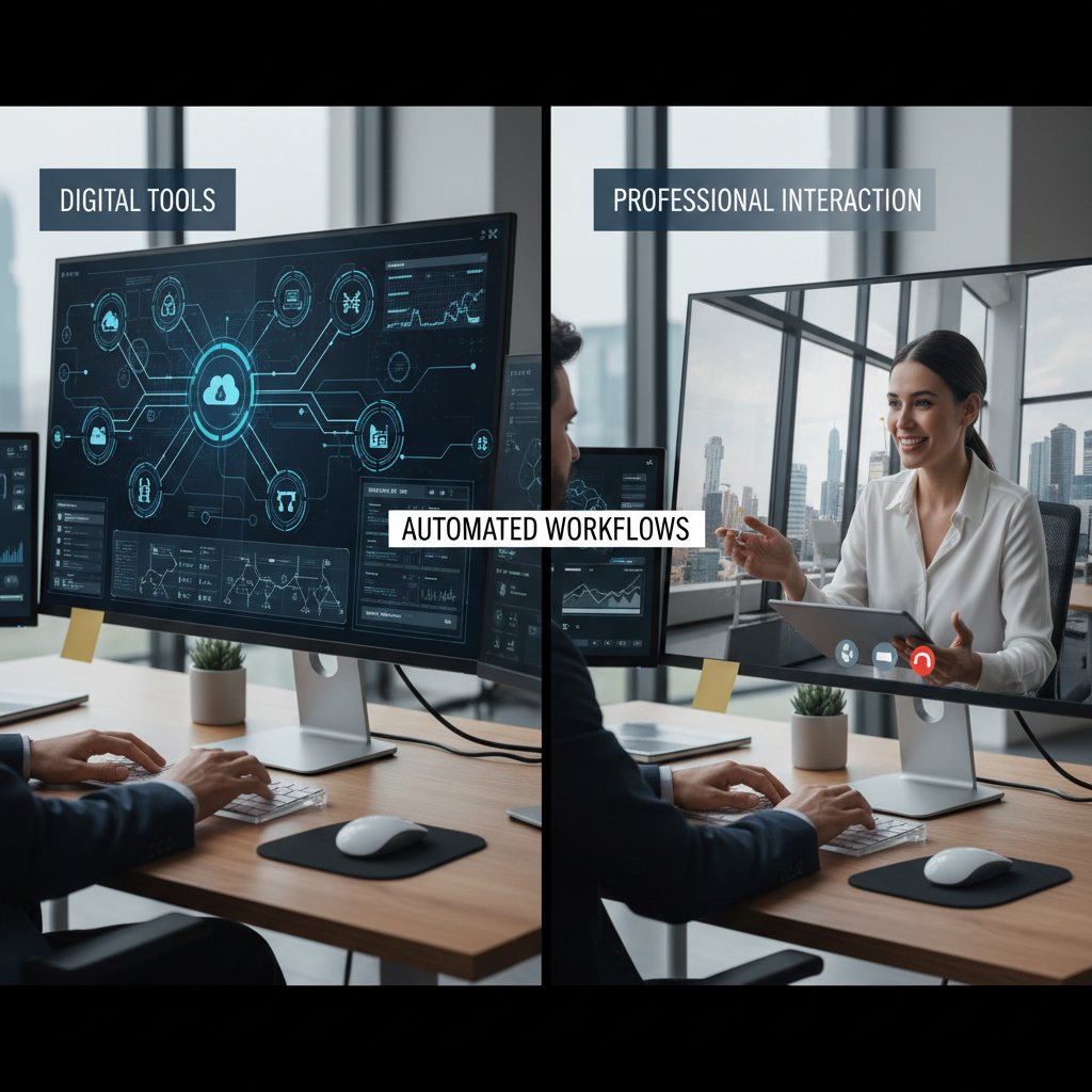 Comparing digital and automated paperwork management in a split modern office scene
