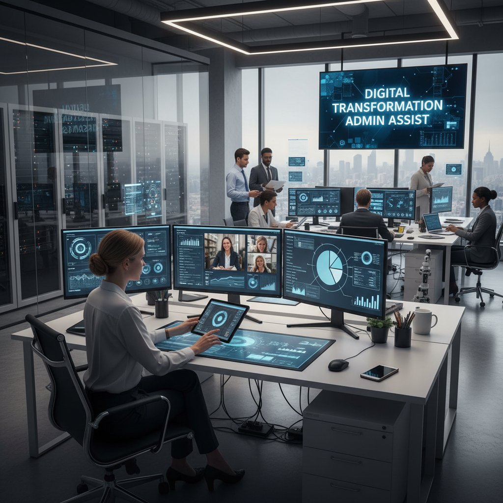 Digital transformation of admin help in enterprise, dynamic office scene, digital collaboration tools on display, admin leading workflow