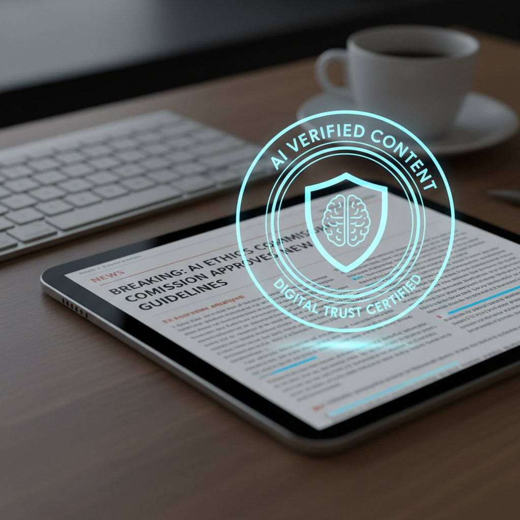 Editorial photo of a digital trust badge overlaid on a news article, signifying verified content in AI-generated news