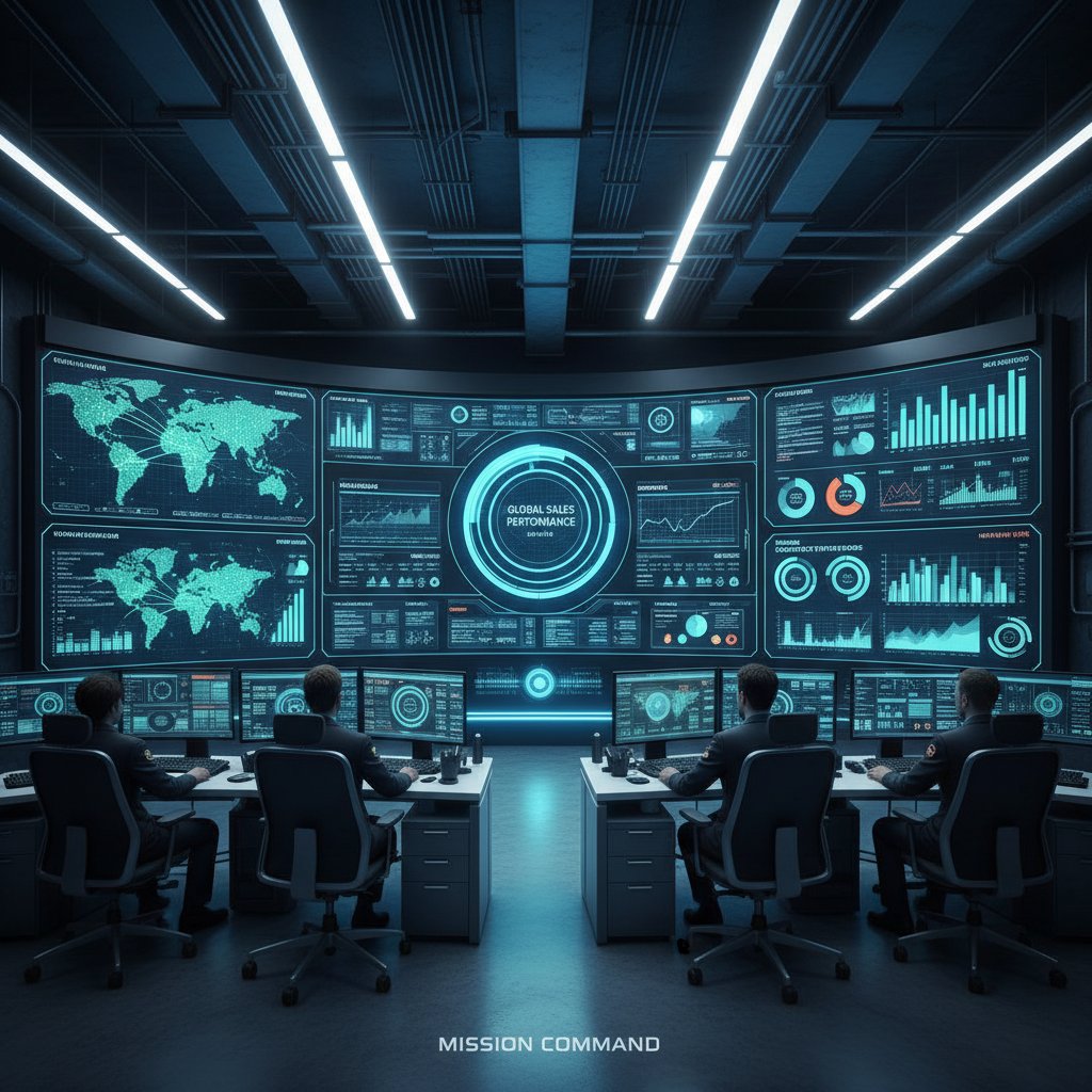 Digital wall displaying live KPI feeds in a high-tech mission control-style office