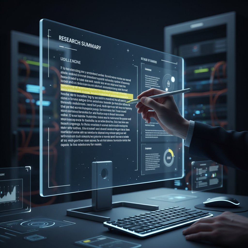 Person working at a digital workspace, highlighting key research summary parts