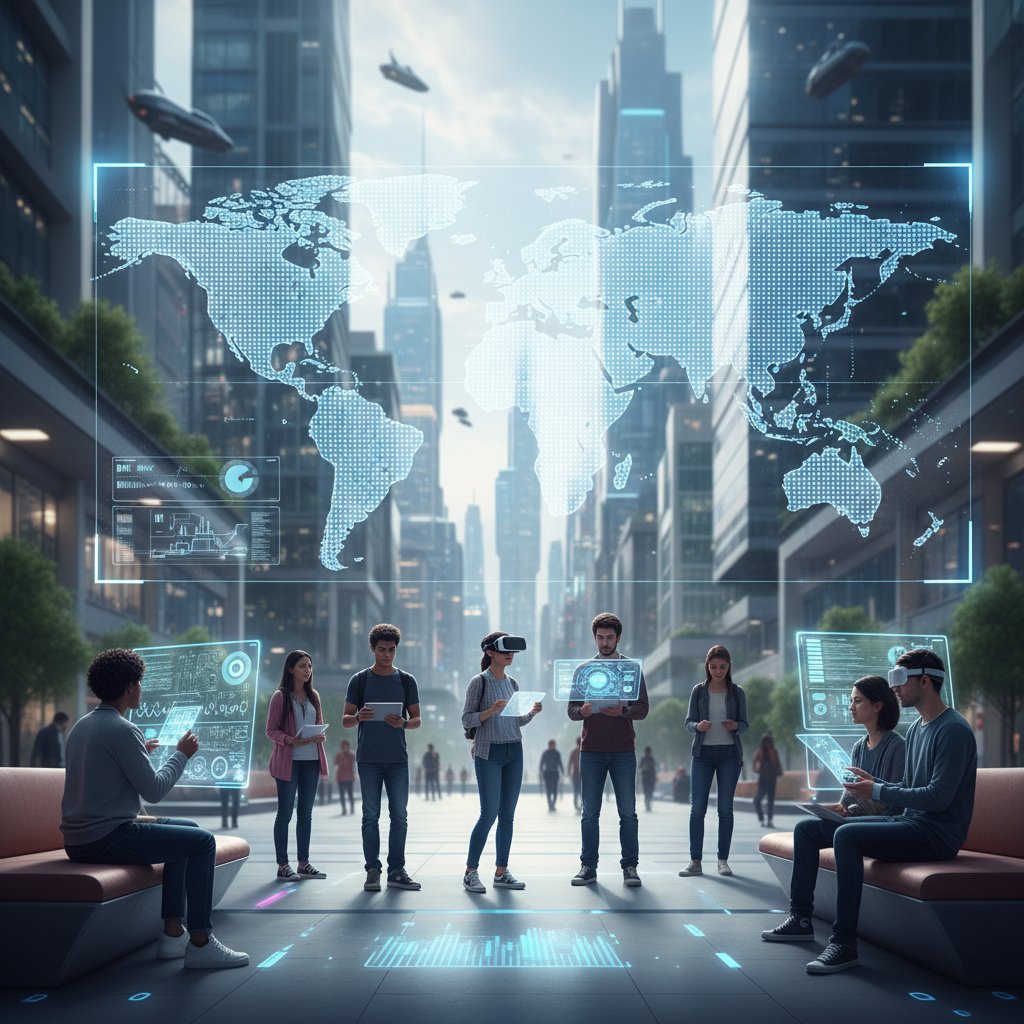 Nowoczesna edukacja geograficzna online – uczniowie z tabletami i headsetami VR, cyfrowa mapa świata w tle