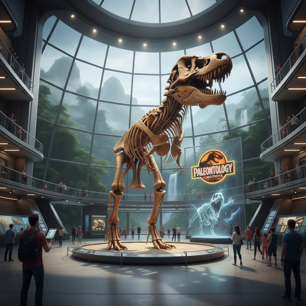 Close-up photo of real dinosaur fossil in modern museum, paleontology inspiration for Jurassic Park movies