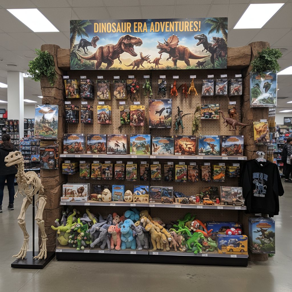 Dinosaur toys, video games, and movie merchandise displayed in store