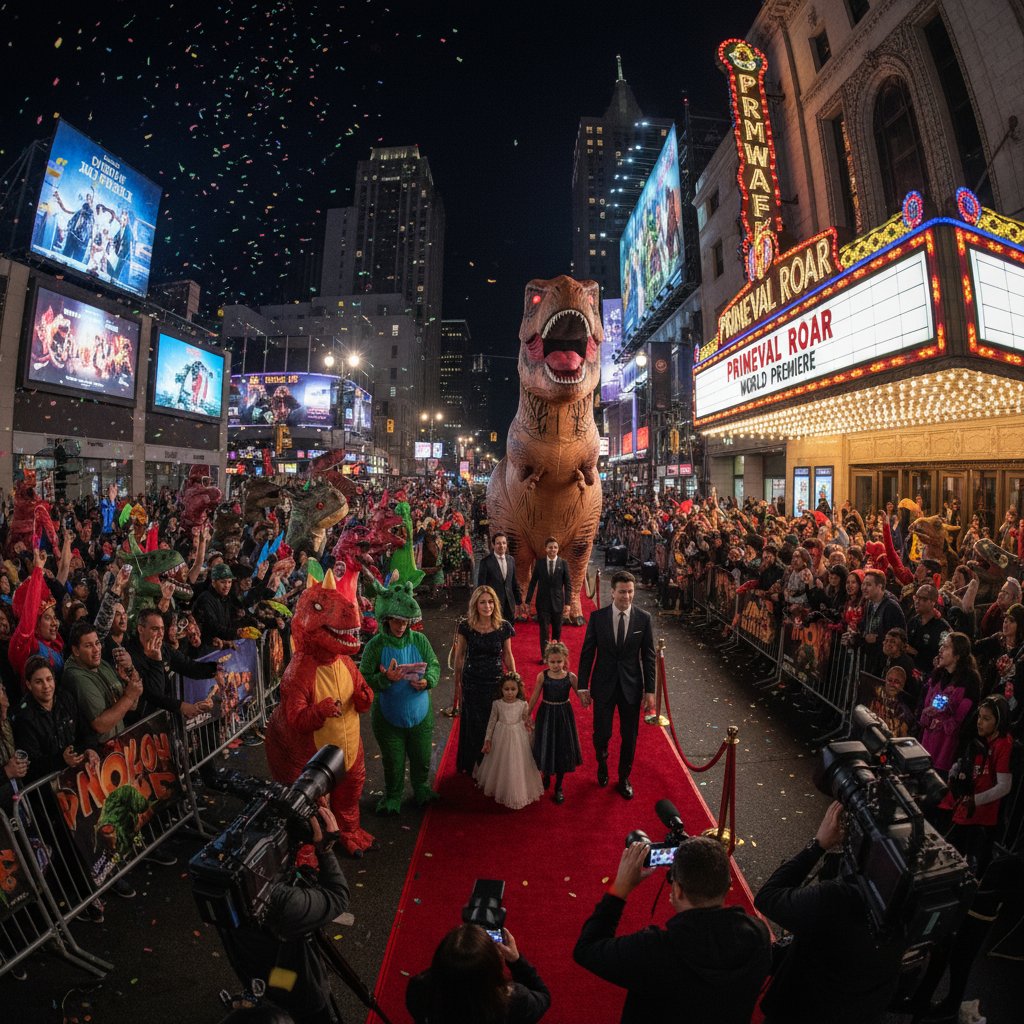 Long line of fans in dinosaur costumes outside movie theater, dinosaur movies premiere