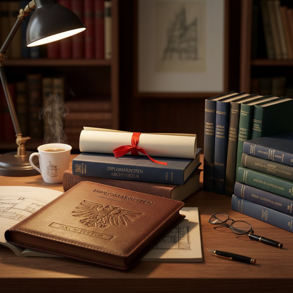 Dyplom, portfolio i niemieckie publikacje na biurku – symbol eksperckiej przewagi
