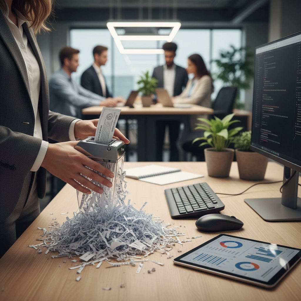 A diploma being shredded in a modern office, symbolizing the irrelevance of credentials in real workplace expertise