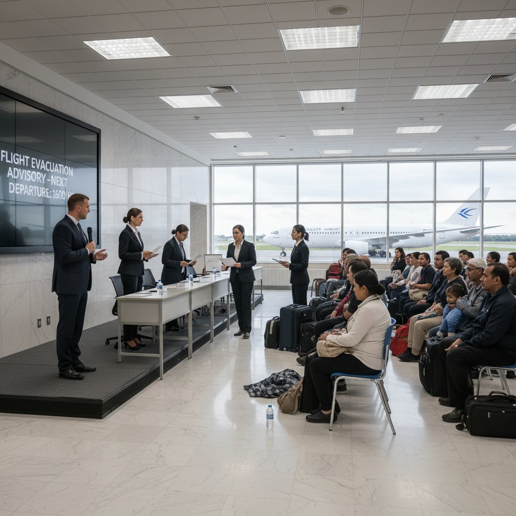 Diplomatic staff briefing evacuees before boarding consulate evacuation flight