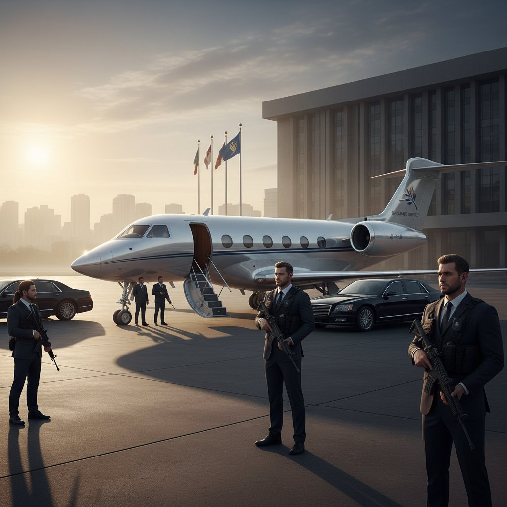 Diplomats and security preparing consulate aircraft, airport tarmac, early morning