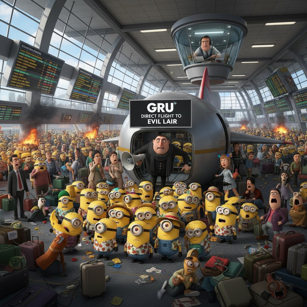 Photo split-screen: calm direct boarding at GRU and chaotic layover terminal with frustrated travelers, both scenes rich in travel energy