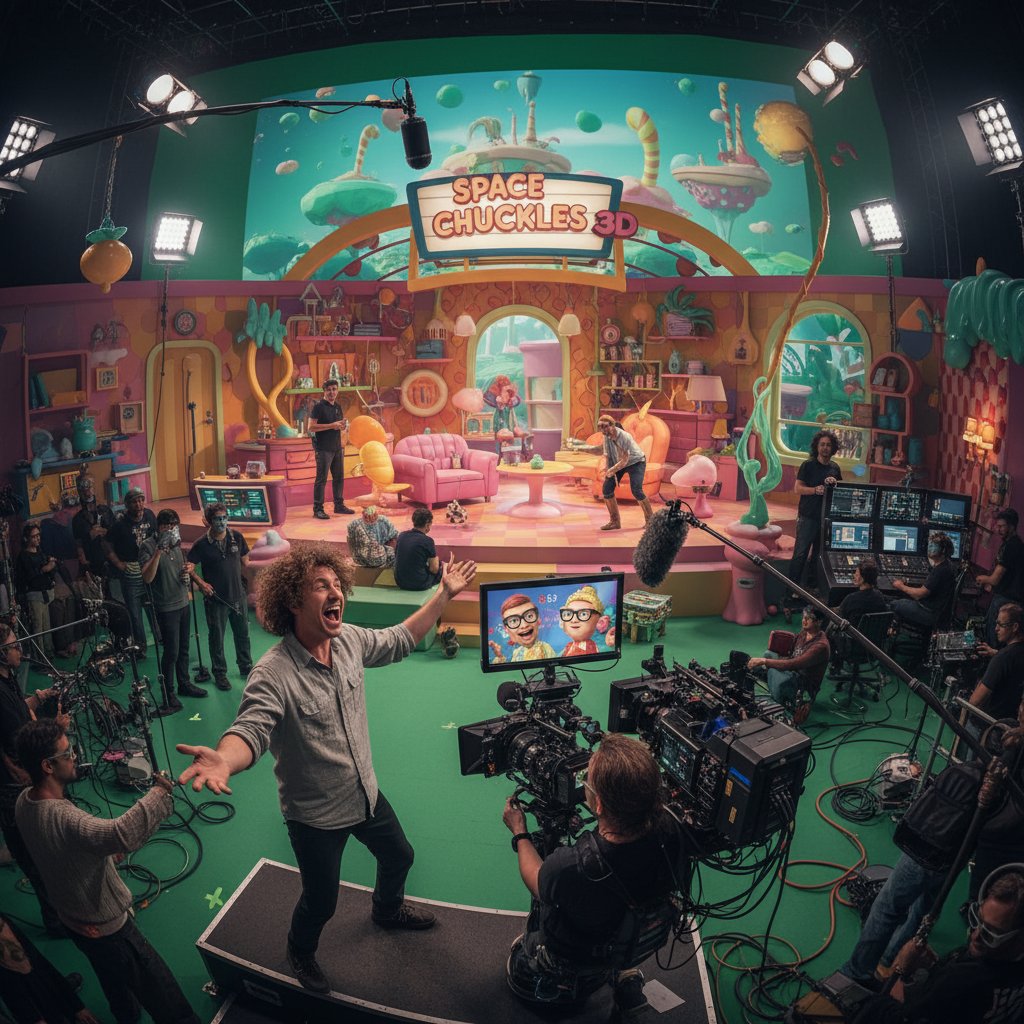 Director with camera and crew staging 3D comedy scene, monitors displaying depth layers