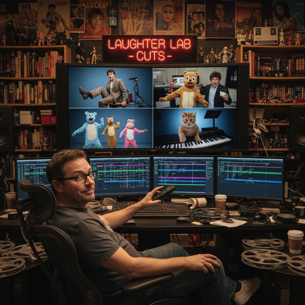 Director in editing room, hands in hair, watching cut scenes from a comedy movie on multiple screens