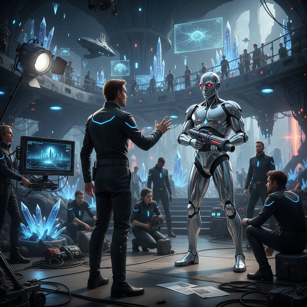 Reżyser na planie filmu science-fiction, android i aktor dyskutujący nad scenariuszem, atmosfera kreatywności