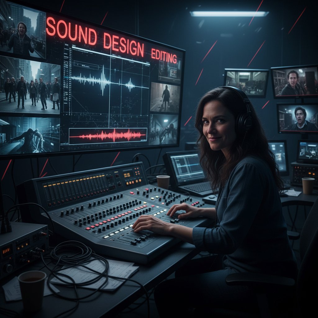 Movie director orchestrating sound and lights on tense movie set, panic movie filmmaking