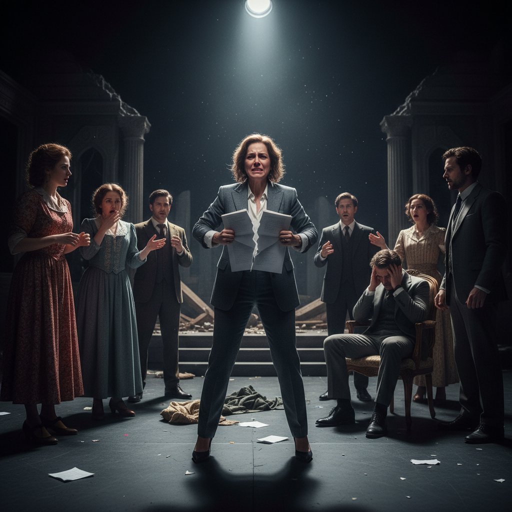 Director on set tearing up a script, cast reacting, dramatic lighting