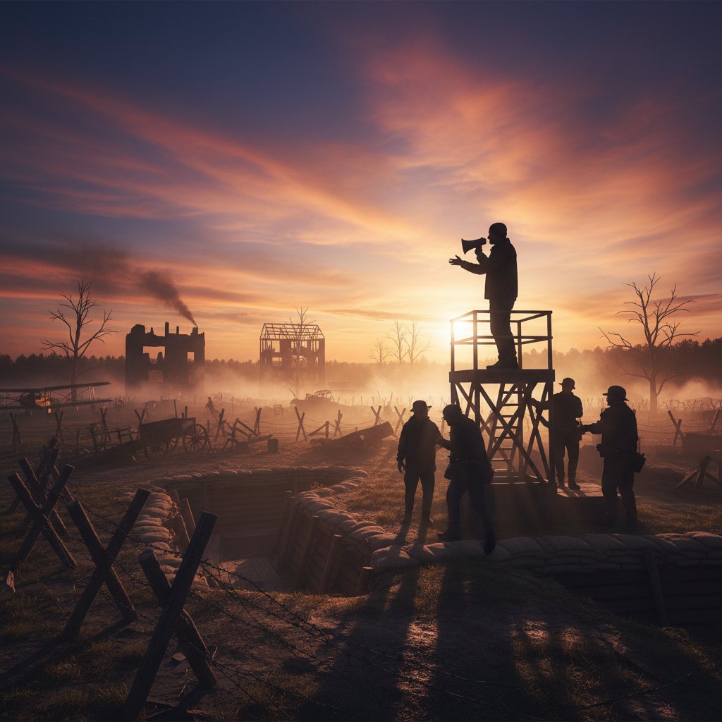 Director silhouetted against a recreated World War I battlefield set, emphasizing vision and scale