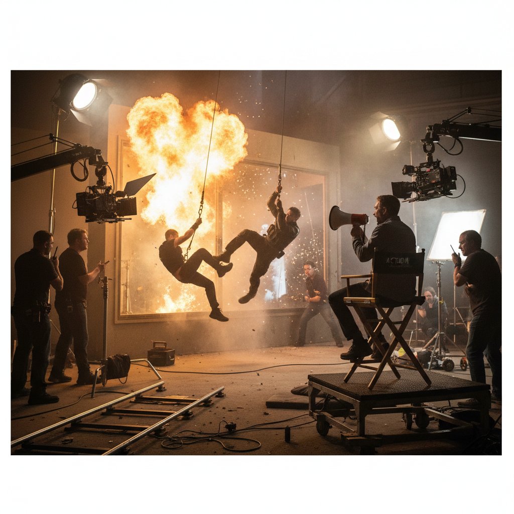 High-energy snapshot of Lawrence directing an action sequence with stunt performers. Alt: Francis Lawrence orchestrating a complex scene.