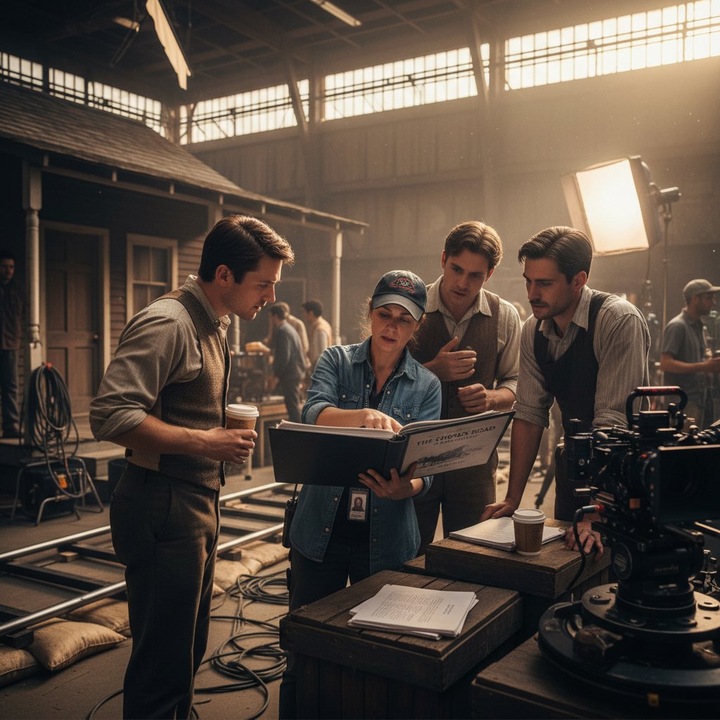 Director and actors in discussion over true story script on movie set