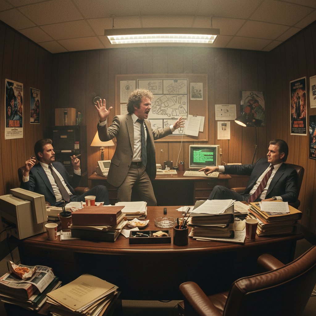 Director arguing with executives in smoky, cluttered office, tense mood, 80s aesthetics