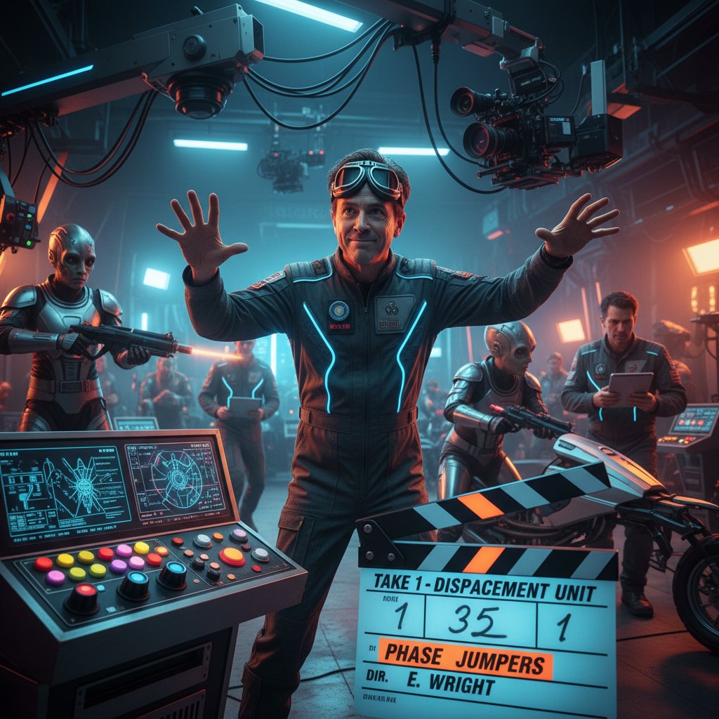 Director at work, film set with futuristic props, edgar wright next project energy