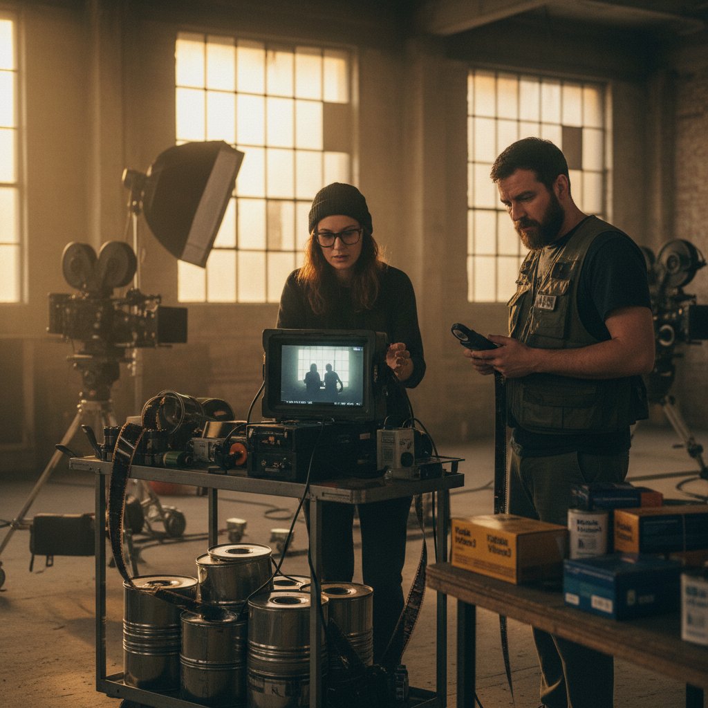 Director and cinematographer reviewing rushes on set, colorful movie film stocks cans in background