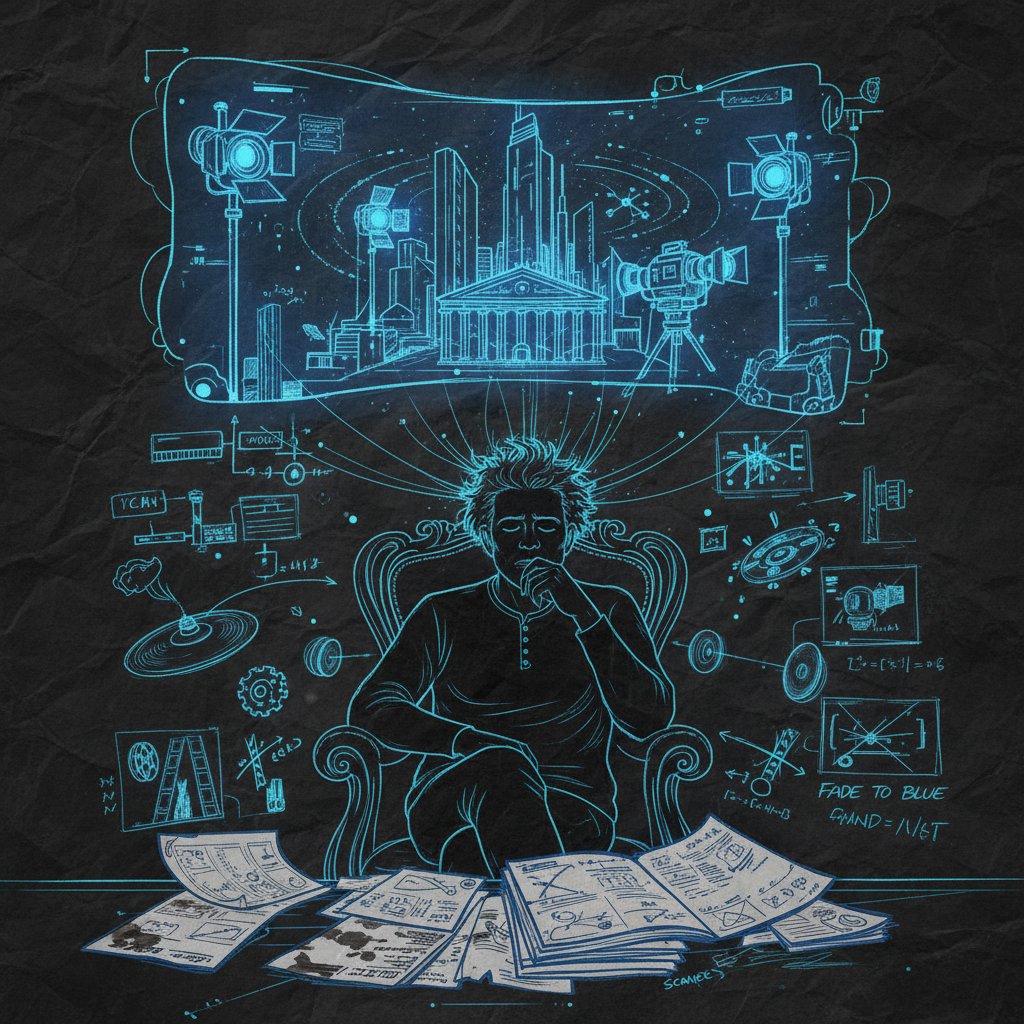 Director surrounded by concept art, blueprints, and scripts, deep in thought. Alt: Francis Lawrence planning a film world.