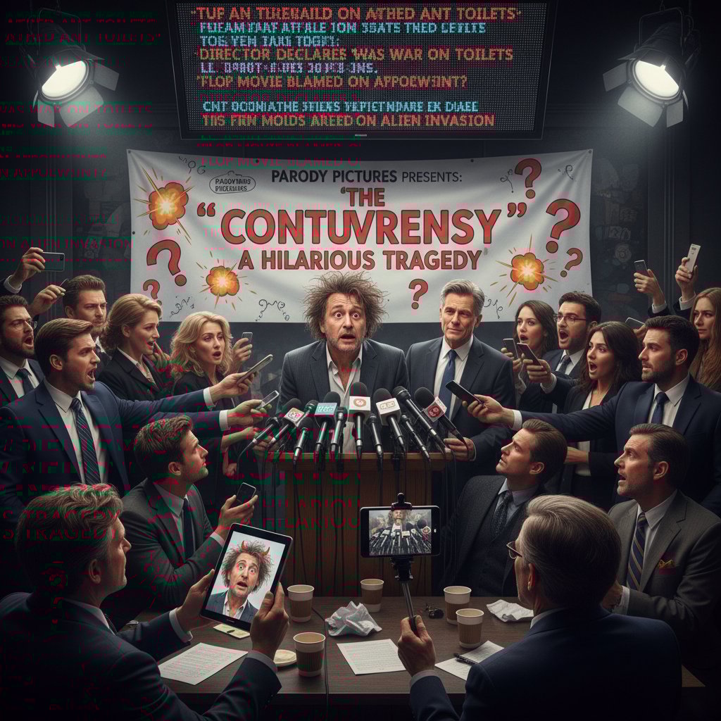 Director addresses controversy over a parody movie, modern press conference scene, tense atmosphere, media present
