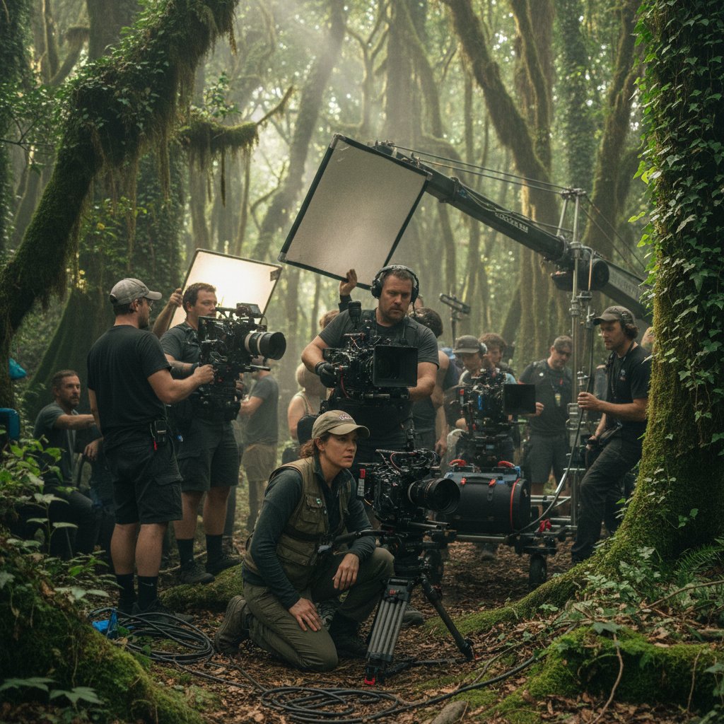 Director and crew filming deep in the forest, intense focus and gear highlighted on set of forest movies