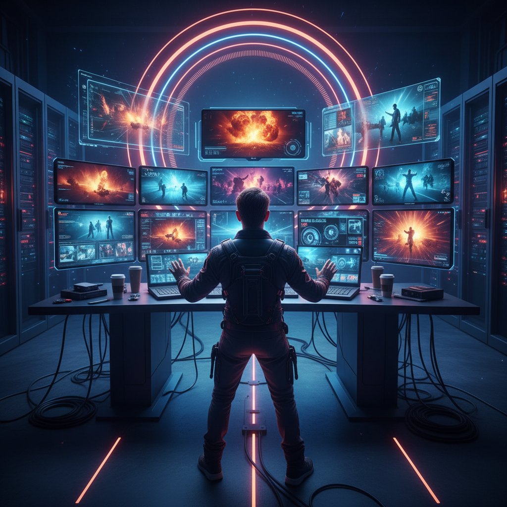 Action movie director using advanced technology to craft a modern blockbuster, digital workstation, high-octane scene editing