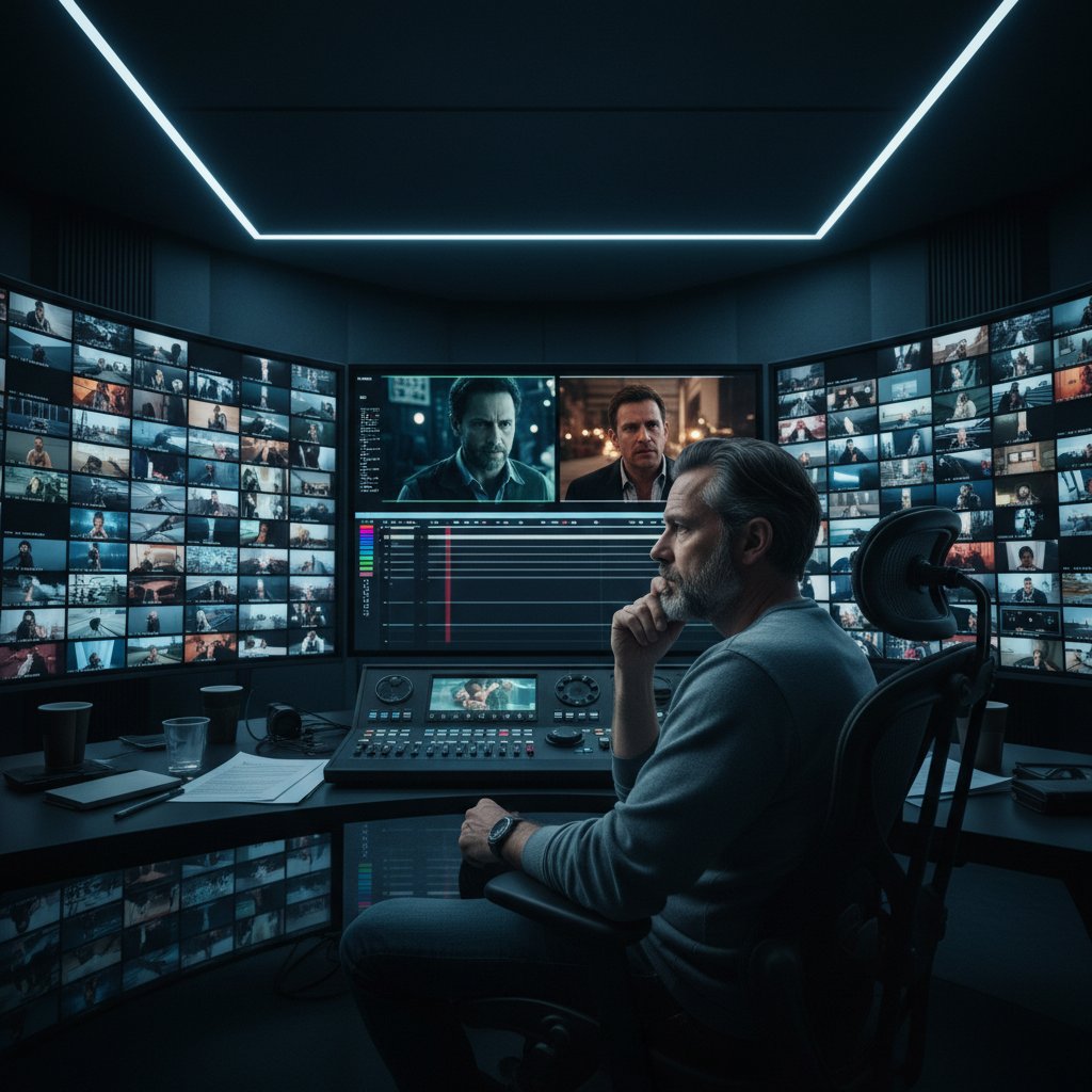 Director alone in a dark editing suite, pondering multiple versions of a scene, reflective mood