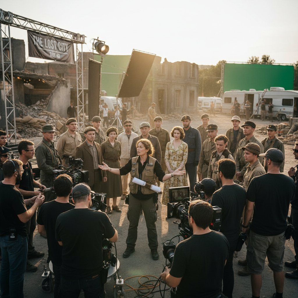 Director managing large group of actors on a film set, challenges of ensemble movies