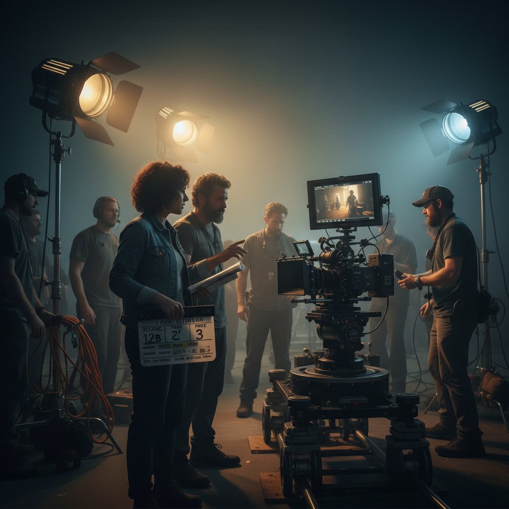 Director and film crew collaborating with energetic atmosphere, documentary-style, cinematic lighting, focus on teamwork