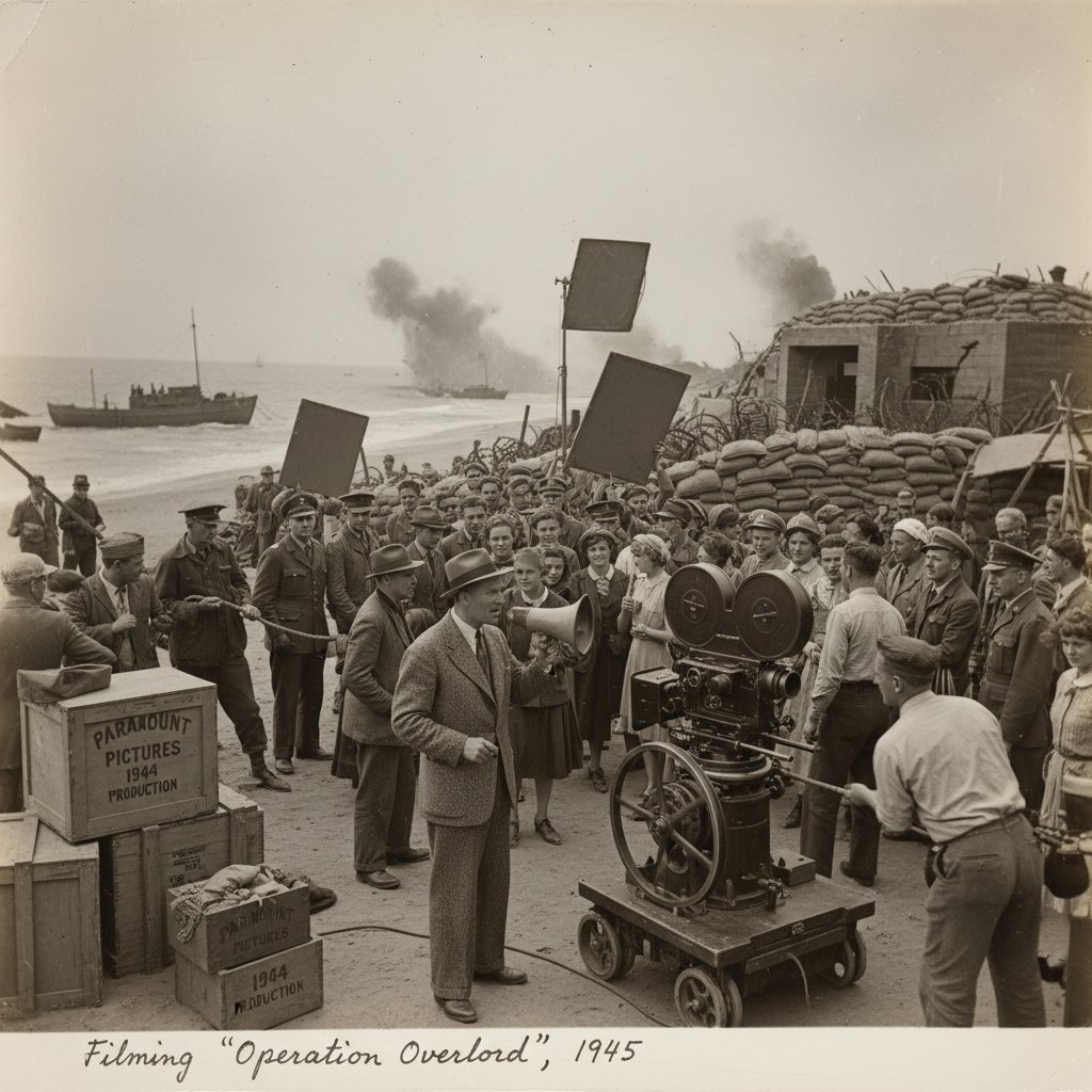 Director recreating a true event on a movie set, showing the contrast between film set and archival reality